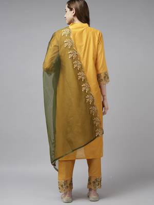 Indo Era Yellow Embroidered Straight Kurta Trouser With Dupatta Set 2