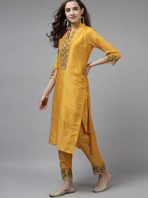 Indo Era Yellow Embroidered Straight Kurta Trouser With Dupatta Set 3
