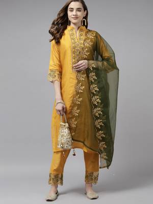 Indo Era Yellow Embroidered Straight Kurta Trouser With Dupatta Set 4