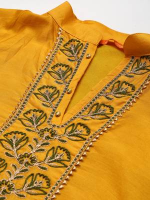 Indo Era Yellow Embroidered Straight Kurta Trouser With Dupatta Set 5