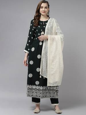 Indo Era Green Embroidered Straight Kurta Trouser With Dupatta Set 1