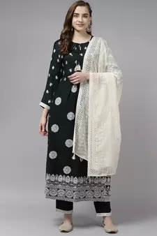 Indo Era Green Embroidered Straight Kurta Trouser With Dupatta Set
