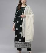 Indo Era Green Embroidered Straight Kurta Trouser With Dupatta Set