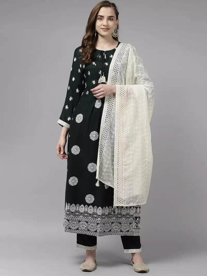 Indo Era Green Embroidered Straight Kurta Trouser With Dupatta Set