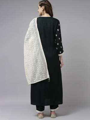 Indo Era Green Embroidered Straight Kurta Trouser With Dupatta Set 2