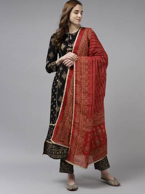 Indo Era Black Foil Printed A-line Kurta Trouser With Dupatta Set 1