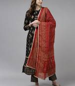 Indo Era Black Foil Printed A-line Kurta Trouser With Dupatta Set