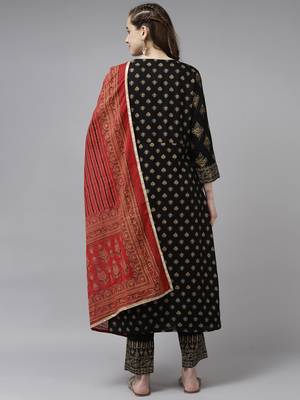 Indo Era Black Foil Printed A-line Kurta Trouser With Dupatta Set 2