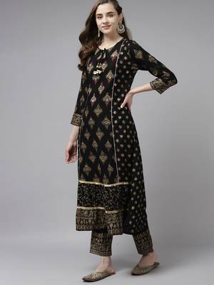 Indo Era Black Foil Printed A-line Kurta Trouser With Dupatta Set 3