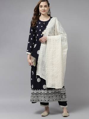 Indo Era Navy Blue Embroidered Straight Kurta Trouser With Dupatta Set 1