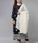 Indo Era Navy Blue Embroidered Straight Kurta Trouser With Dupatta Set