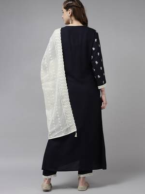Indo Era Navy Blue Embroidered Straight Kurta Trouser With Dupatta Set 2