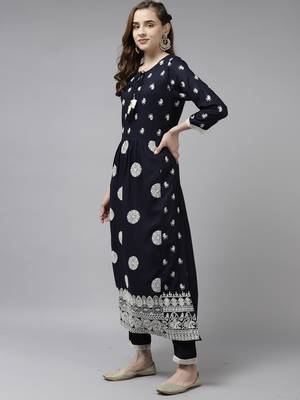 Indo Era Navy Blue Embroidered Straight Kurta Trouser With Dupatta Set 3
