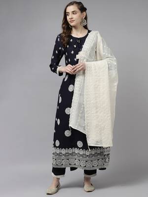 Indo Era Navy Blue Embroidered Straight Kurta Trouser With Dupatta Set 4