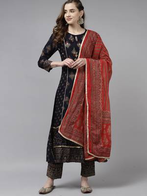 Indo Era Navy Blue Foil Printed A-line Kurta Trouser With Dupatta Set 1