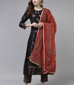 Indo Era Navy Blue Foil Printed A-line Kurta Trouser With Dupatta Set