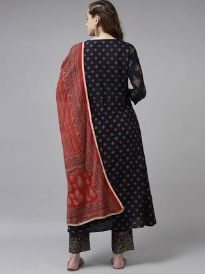 Indo Era Navy Blue Foil Printed A-line Kurta Trouser With Dupatta Set 2