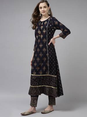 Indo Era Navy Blue Foil Printed A-line Kurta Trouser With Dupatta Set 3