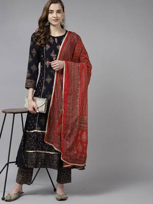 Indo Era Navy Blue Foil Printed A-line Kurta Trouser With Dupatta Set 4