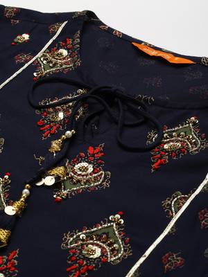 Indo Era Navy Blue Foil Printed A-line Kurta Trouser With Dupatta Set 5