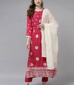 Indo Era Pink Embroidered Straight Kurta Trouser With Dupatta Set