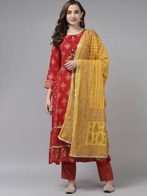 Indo Era Red Foil Printed A-line Kurta Trouser With Dupatta Set 1