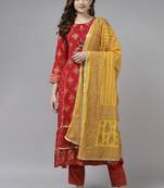 Indo Era Red Foil Printed A-line Kurta Trouser With Dupatta Set