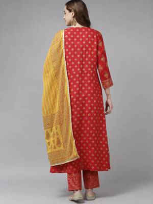 Indo Era Red Foil Printed A-line Kurta Trouser With Dupatta Set 2
