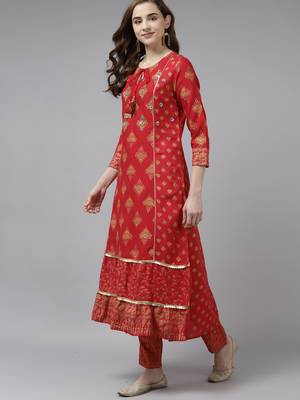 Indo Era Red Foil Printed A-line Kurta Trouser With Dupatta Set 3