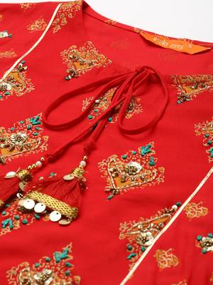 Indo Era Red Foil Printed A-line Kurta Trouser With Dupatta Set 4