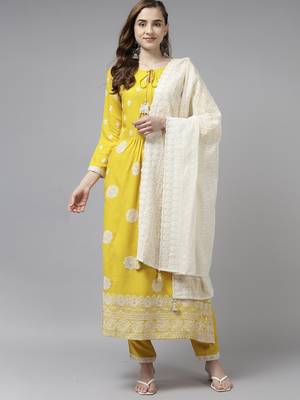 Indo Era Yellow Embroidered Straight Kurta Trouser With Dupatta Set 1