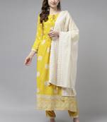 Indo Era Yellow Embroidered Straight Kurta Trouser With Dupatta Set