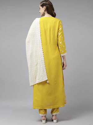 Indo Era Yellow Embroidered Straight Kurta Trouser With Dupatta Set 2