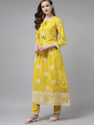 Indo Era Yellow Embroidered Straight Kurta Trouser With Dupatta Set 3