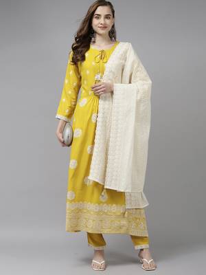 Indo Era Yellow Embroidered Straight Kurta Trouser With Dupatta Set 4