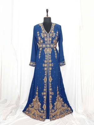 Navy blue Moroccan Kaftan With Sun-proof hijab 1