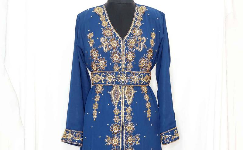 Navy blue luxurious Moroccan Kaftan With Sun-proof hijab.