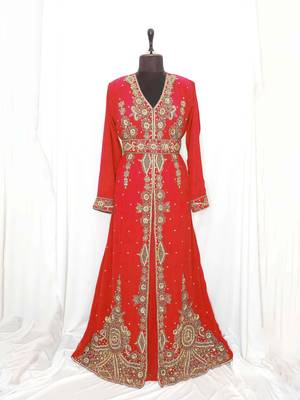 Red Moroccan Kaftan With Sun-proof hijab 1