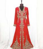 Red luxurious Moroccan Kaftan With Sun-proof hijab.