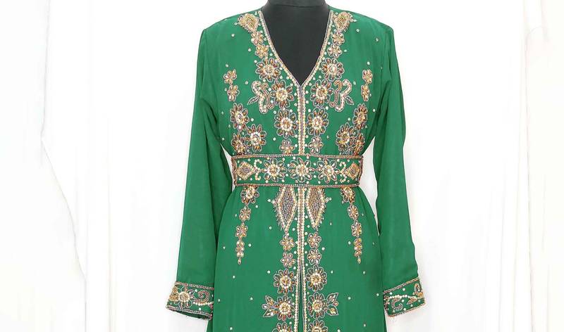 Dark Green Moroccan Kaftan With Sun-proof hijab.