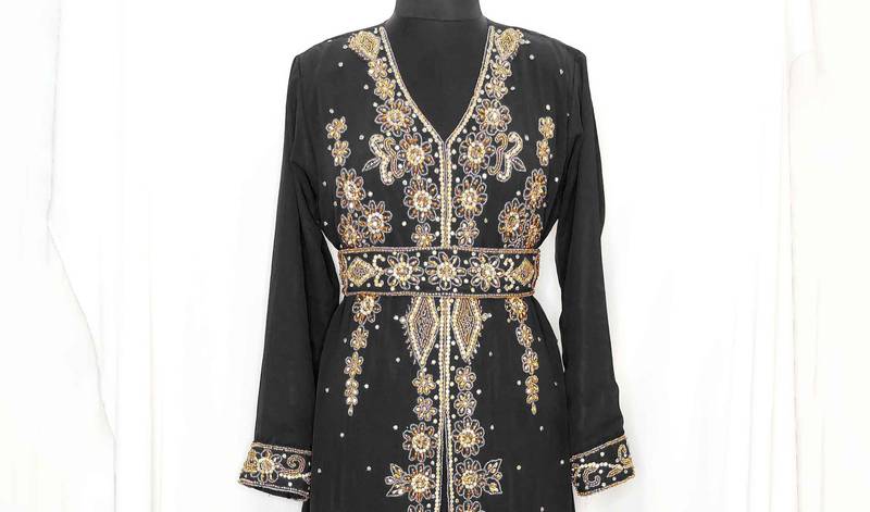 Black luxurious Moroccan Kaftan With Sun-proof hijab.