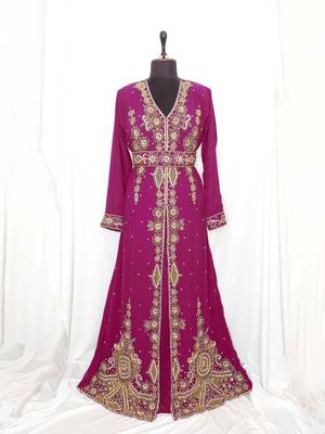 Wine Moroccan Kaftan With Sun-proof hijab 1