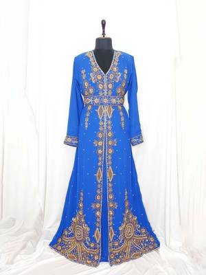Royal Blue Moroccan Kaftan With Sun-proof hijab 1