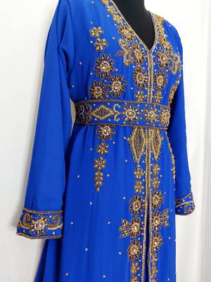 Royal Blue Moroccan Kaftan With Sun-proof hijab 3