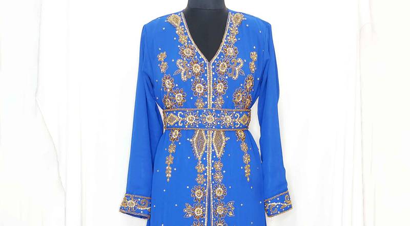 Royal Blue luxurious Moroccan Kaftan With Sun-proof hijab.