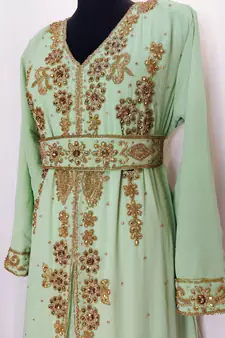 Light Green Moroccan Kaftan with Sun-proof hijab
