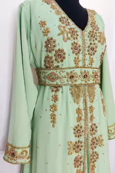 Light Green Moroccan Kaftan with Sun-proof hijab