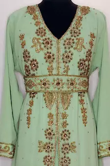 Light Green Moroccan Kaftan with Sun-proof hijab