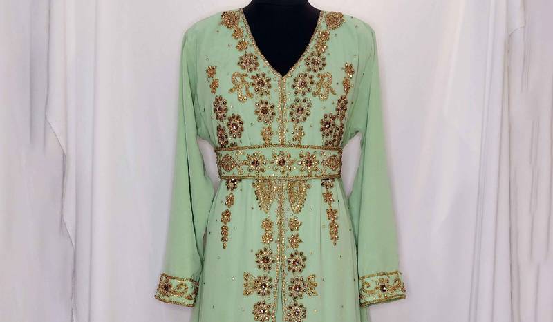 Light Green luxurious Moroccan Kaftan with Sun-proof hijab.