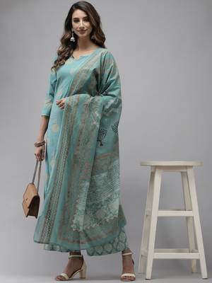 Blue printed cotton kurta-suits 1